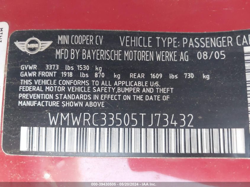 2005 Mini Cooper VIN: WMWRC33505TJ73432 Lot: 39430505