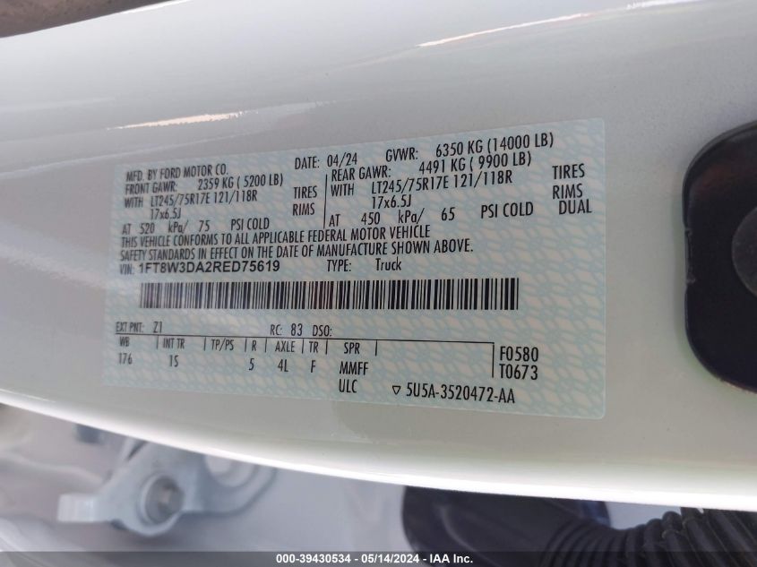 2024 Ford F-350 Xl VIN: 1FT8W3DA2RED75619 Lot: 39430534