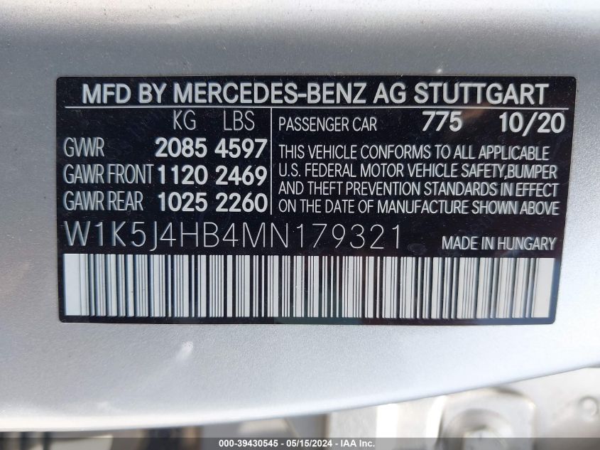 2021 Mercedes-Benz Cla 250 4Matic VIN: W1K5J4HB4MN179321 Lot: 39430545