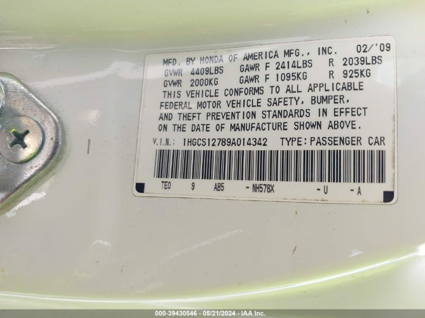 2009 Honda Accord 2.4 Ex VIN: 1HGCS12789A014342 Lot: 39430546