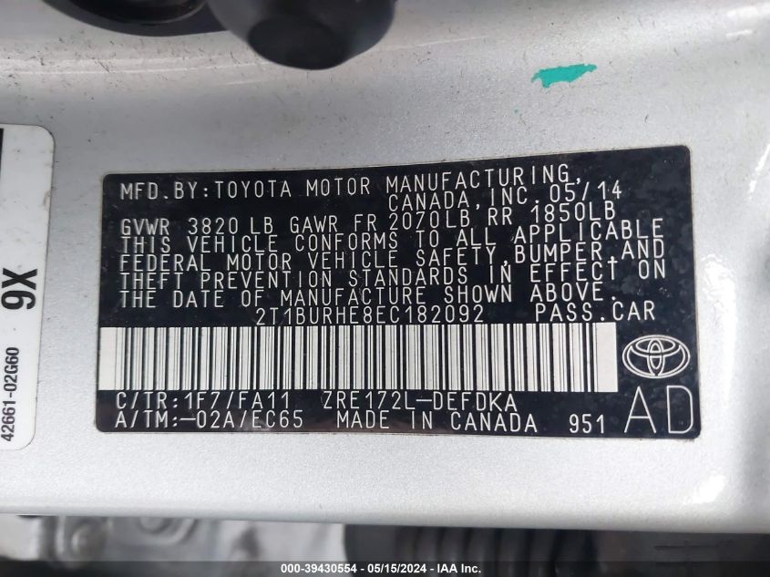 2014 Toyota Corolla L VIN: 2T1BURHE8EC182092 Lot: 39430554