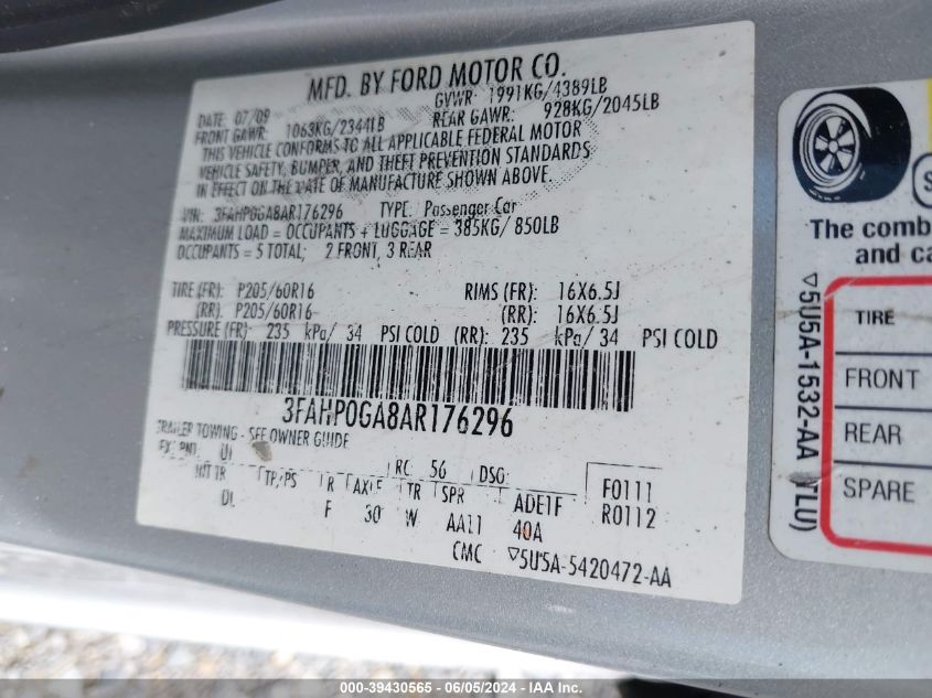 2010 Ford Fusion S VIN: 3FAHP0GA8AR176296 Lot: 39430565