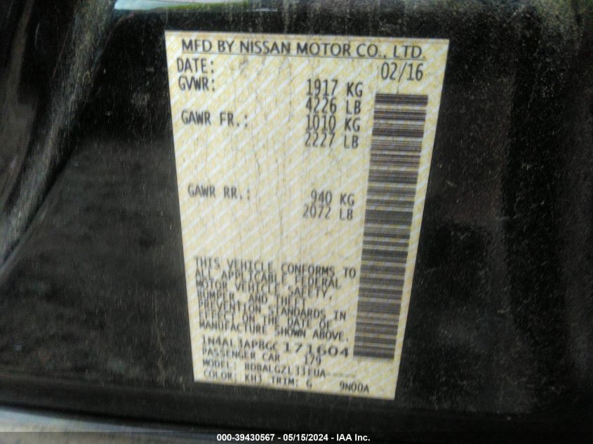 2016 Nissan Altima 2.5/2.5 S/2.5 Sl/2.5 Sr/2.5 Sv VIN: 1N4AL3AP8GC171604 Lot: 39430567