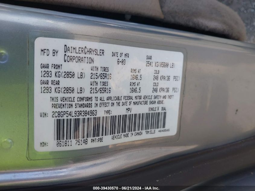 2003 Chrysler Town & Country Lxi VIN: 2C8GP54L93R384963 Lot: 39430570