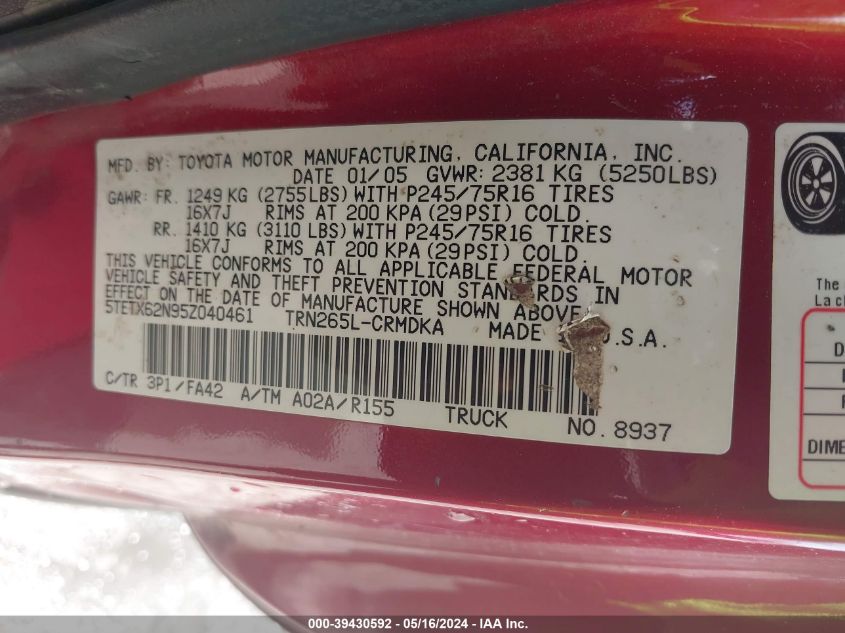 2005 Toyota Tacoma Prerunner VIN: 5TETX62N95Z040461 Lot: 39430592