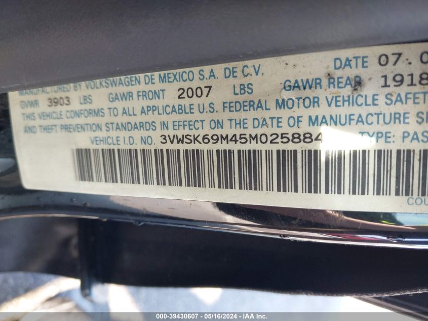 2005 Volkswagen Jetta Gls 2.0L VIN: 3VWSK69M45M025884 Lot: 39430607