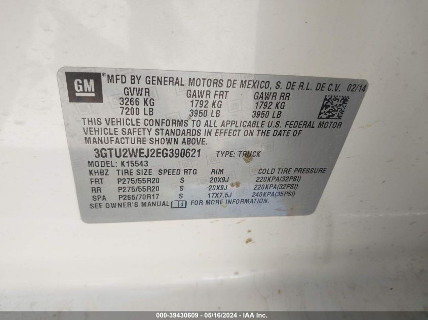 2014 GMC Sierra 1500 Denali VIN: 3GTU2WEJ2EG390621 Lot: 39430609