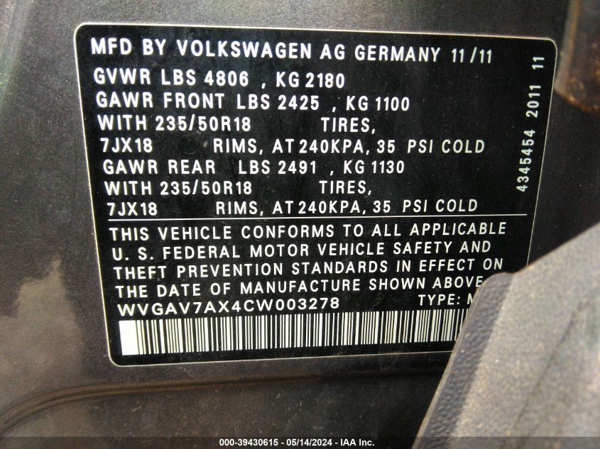 2012 Volkswagen Tiguan Le VIN: WVGAV7AX4CW003278 Lot: 39430615