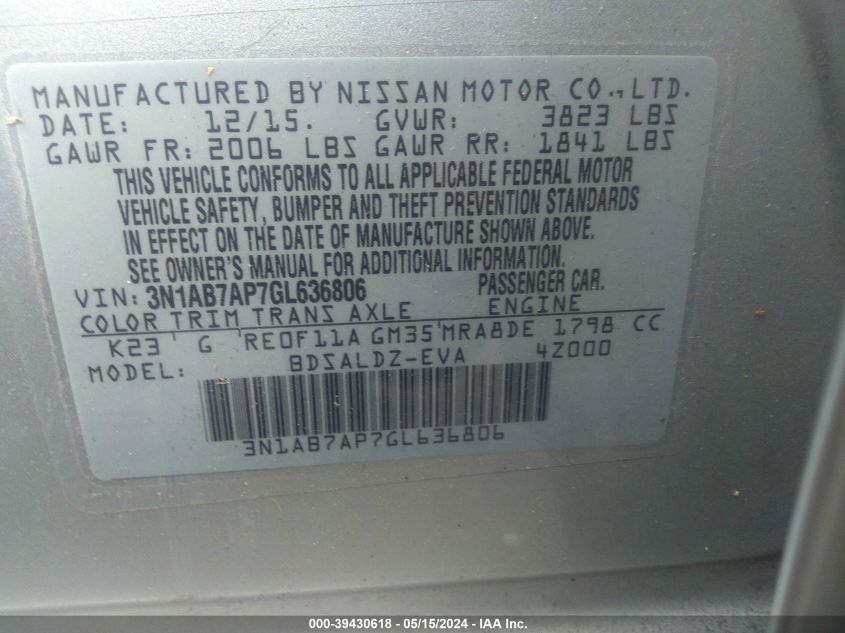 2016 Nissan Sentra Fe+ S/S/Sl/Sr/Sv VIN: 3N1AB7AP7GL636806 Lot: 39430618