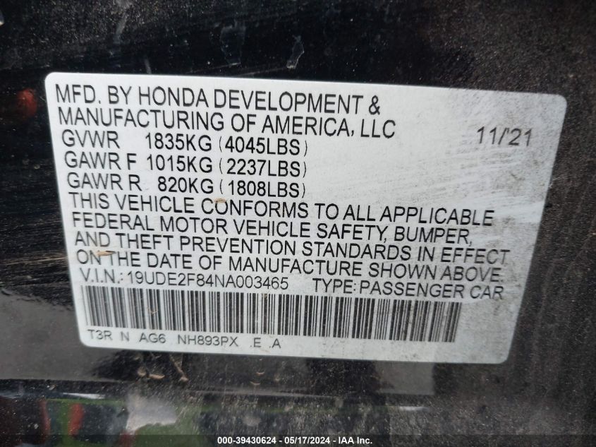 2022 ACURA ILX PREMIUM   A-SPEC PACKAGES/TECHNOLOGY   A-SPEC PACKAGES - 19UDE2F84NA003465