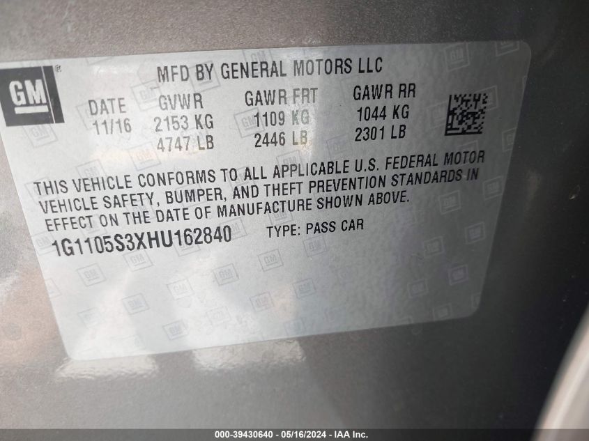 2017 Chevrolet Impala 1Lt VIN: 1G1105S3XHU162840 Lot: 39430640