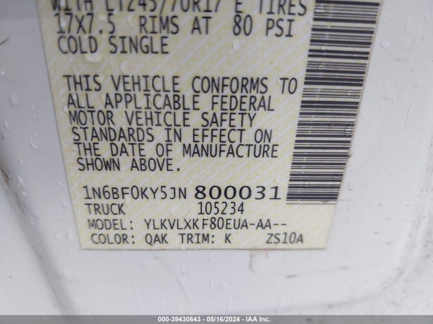 2018 Nissan Nv Cargo Nv2500 Hd Sv V6 VIN: 1N6BF0KY5JN800031 Lot: 39430643