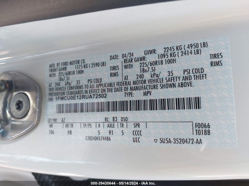 2024 Ford Escape Phev VIN: 1FMCU0E12RUA72502 Lot: 39430644