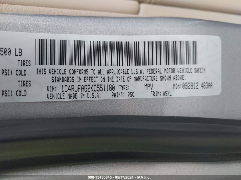 VIN 1C4RJFAG2KC551180 2019 JEEP GRAND CHEROKEE LAREDO