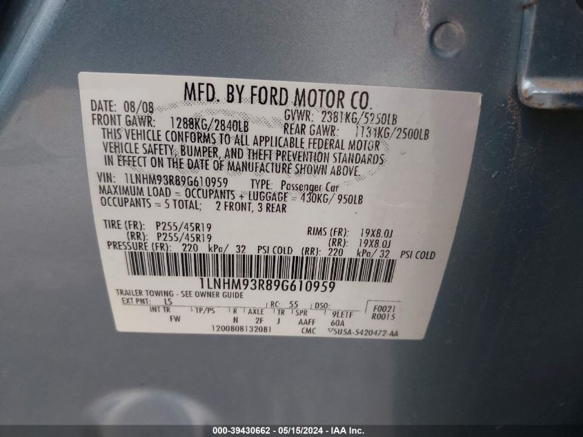 2009 Lincoln Mks VIN: 1LNHM93R89G610959 Lot: 39430662