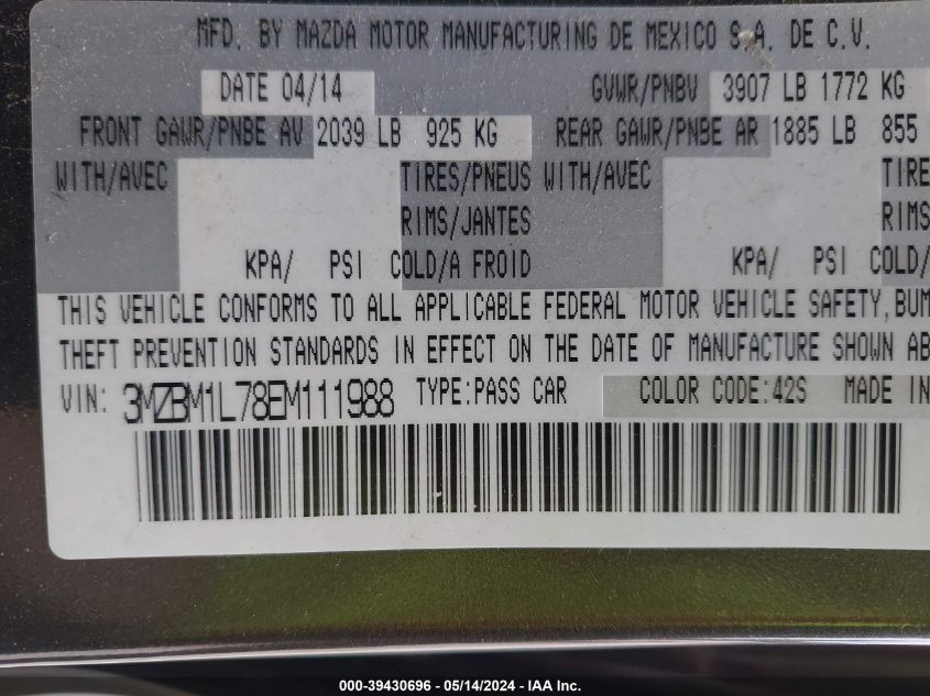 2014 Mazda Mazda3 I Touring VIN: 3MZBM1L78EM111988 Lot: 39430696
