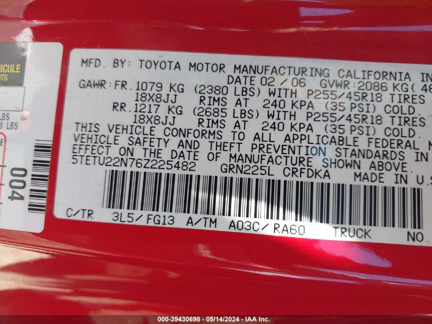2006 Toyota Tacoma V6 VIN: 5TETU22N76Z225482 Lot: 39430698
