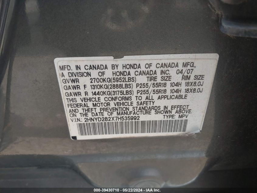 2007 Acura Mdx VIN: 2HNYD282X7H535992 Lot: 39430710