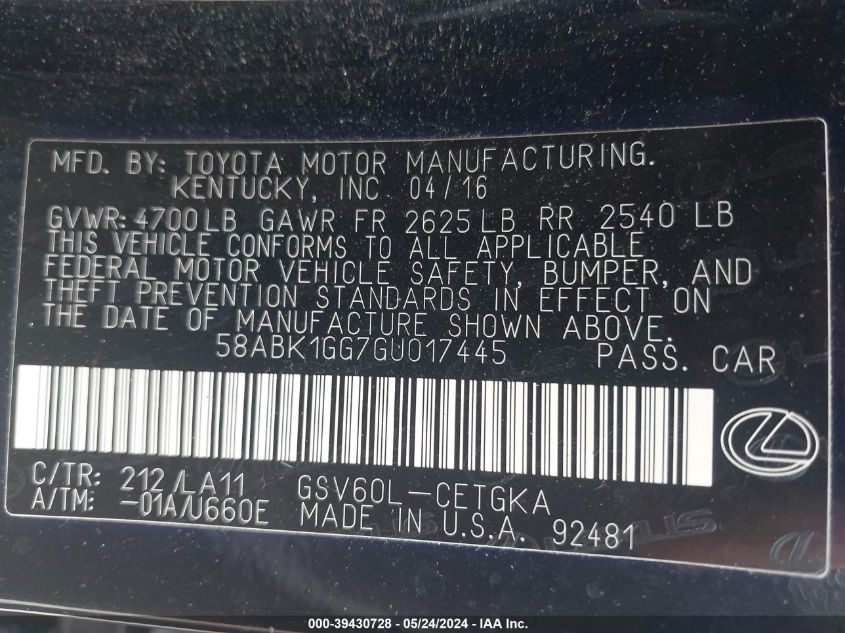 2016 Lexus Es 350 VIN: 58ABK1GG7GU017445 Lot: 39430728