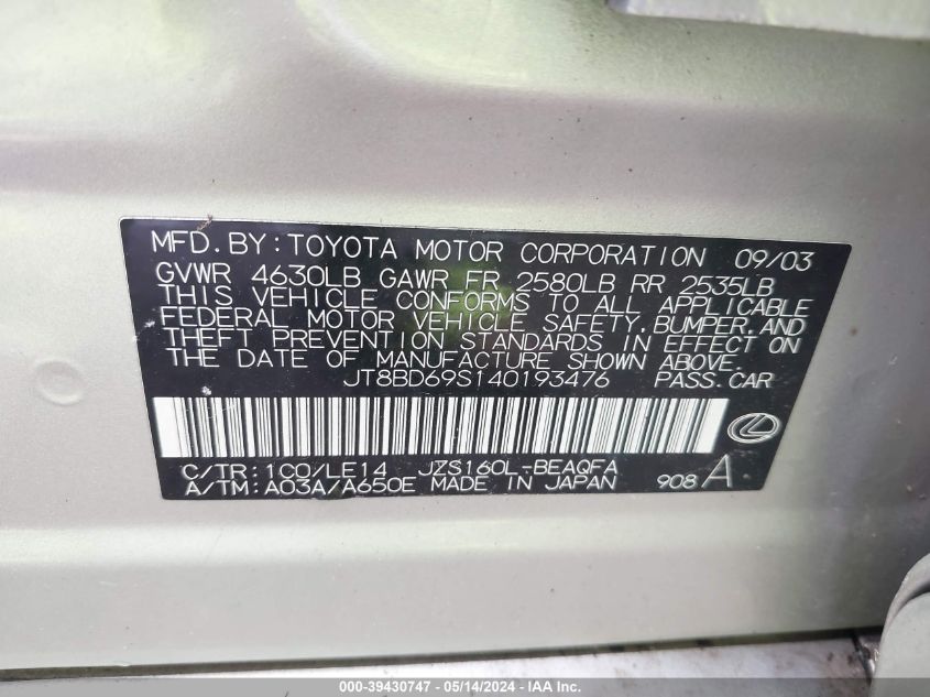 2004 Lexus Gs 300 VIN: JT8BD69S140193476 Lot: 39430747