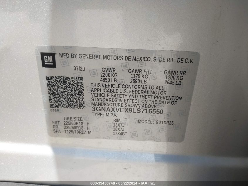 2020 Chevrolet Equinox Awd Lt 2.0L Turbo VIN: 3GNAXVEX9LS716550 Lot: 39430748