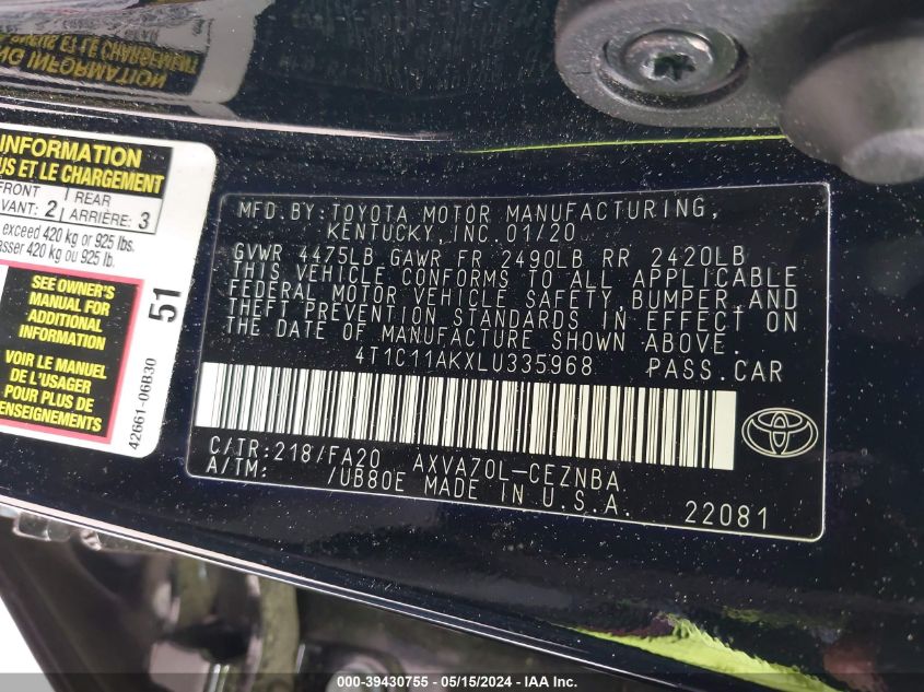 2020 Toyota Camry Le VIN: 4T1C11AKXLU335968 Lot: 39430755