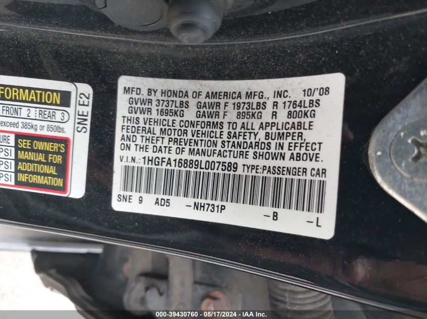 2009 Honda Civic Ex VIN: 1HGFA16889L007589 Lot: 39430760