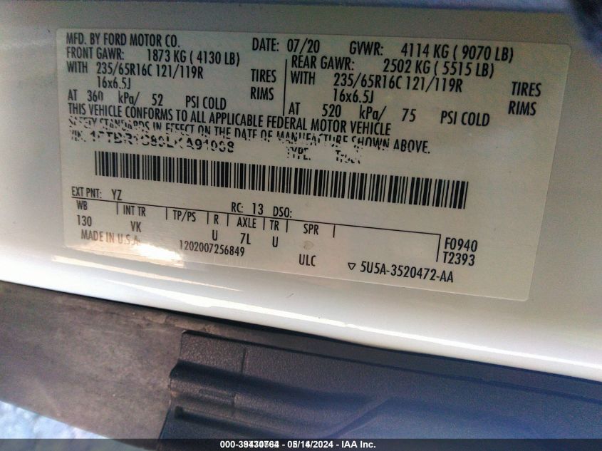 2020 Ford Transit-250 VIN: 1FTBR1C89LKA91008 Lot: 39430764