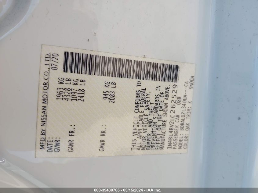 2020 Nissan Altima S Fwd VIN: 1N4BL4BV2LC262529 Lot: 39430765