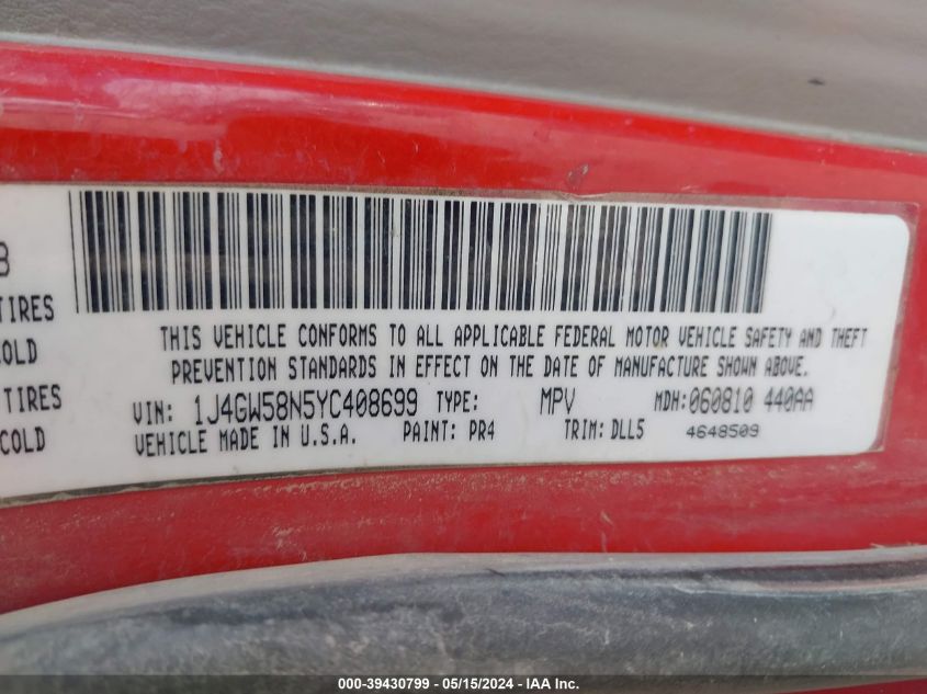 2000 Jeep Grand Cherokee Limited VIN: 1J4GW58N5YC408699 Lot: 39430799