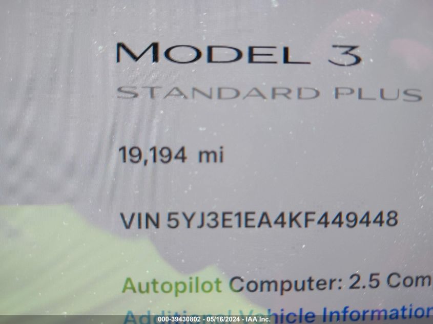 2019 Tesla Model 3 Long Range/Mid Range/Standard Range/Standard Range Plus VIN: 5YJ3E1EA4KF449448 Lot: 39430802