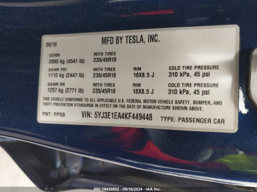 2019 TESLA MODEL 3 LONG RANGE/MID RANGE/STANDARD RANGE/STANDARD RANGE PLUS - 5YJ3E1EA4KF449448