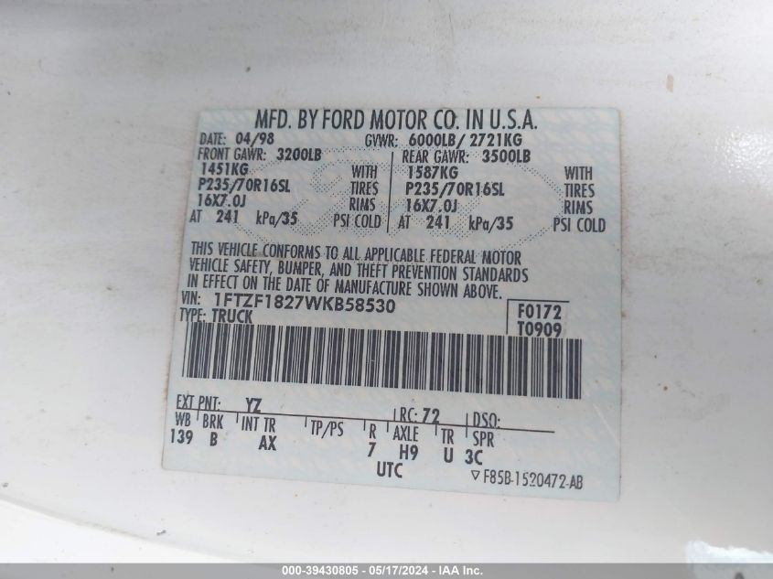 1998 Ford F-150 Standard/Xl/Xlt VIN: 1FTZF1827WKB58530 Lot: 39430805