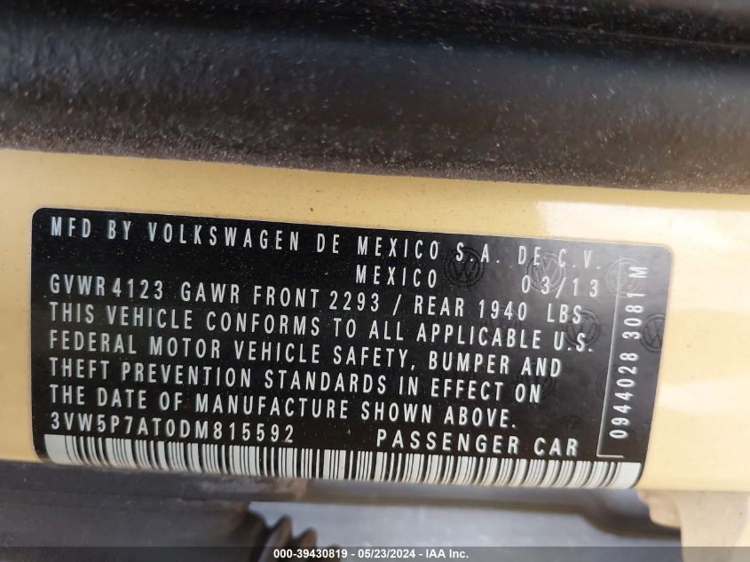 2013 Volkswagen Beetle 2.5L VIN: 3VW5P7AT0DM815592 Lot: 39430819