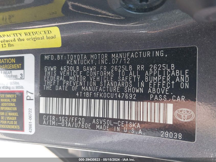 2012 Toyota Camry Se VIN: 4T1BF1FK0CU147692 Lot: 39430823