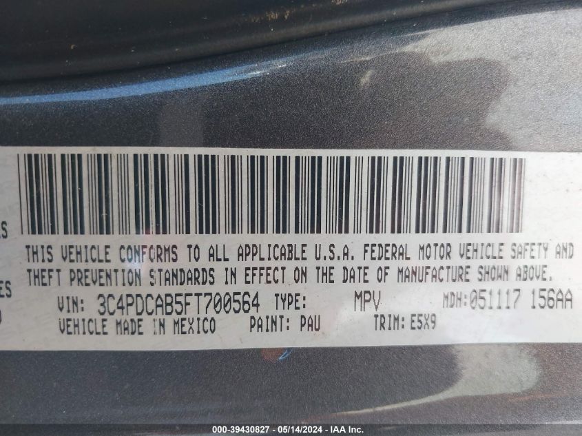 2015 Dodge Journey Se VIN: 3C4PDCAB5FT700564 Lot: 39430827