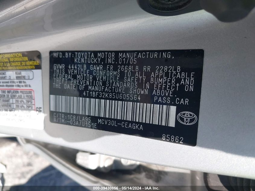 2005 Toyota Camry Xle V6 VIN: 4T1BF32K85U605564 Lot: 39430856