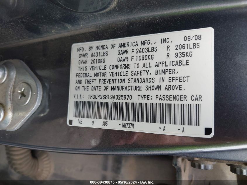 2009 Honda Accord 2.4 Ex-L VIN: 1HGCP26819A025970 Lot: 39430875