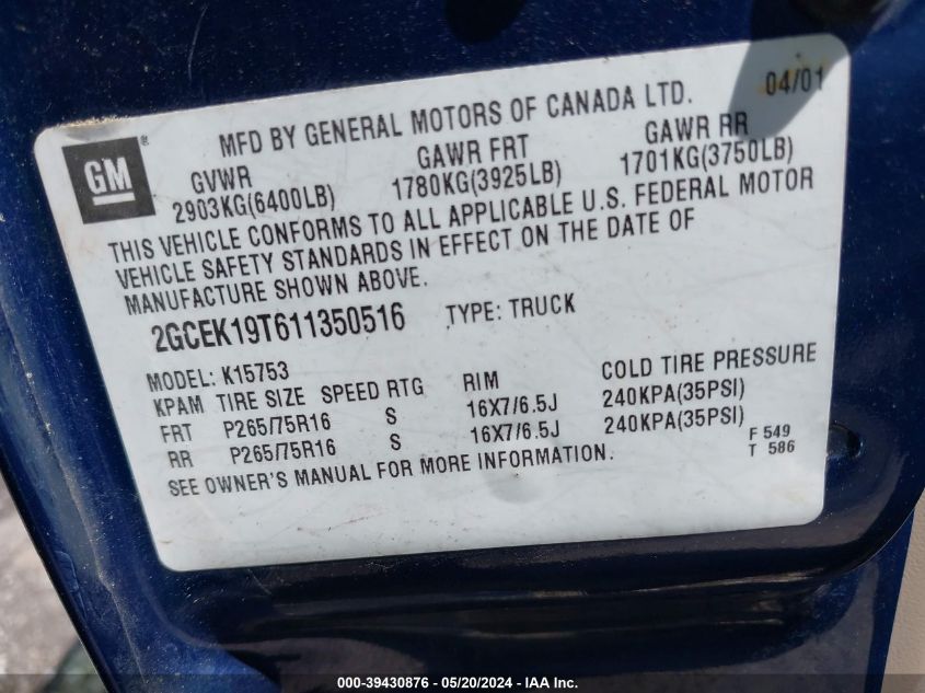 2001 Chevrolet Silverado 1500 Lt VIN: 2GCEK19T611350516 Lot: 39430876