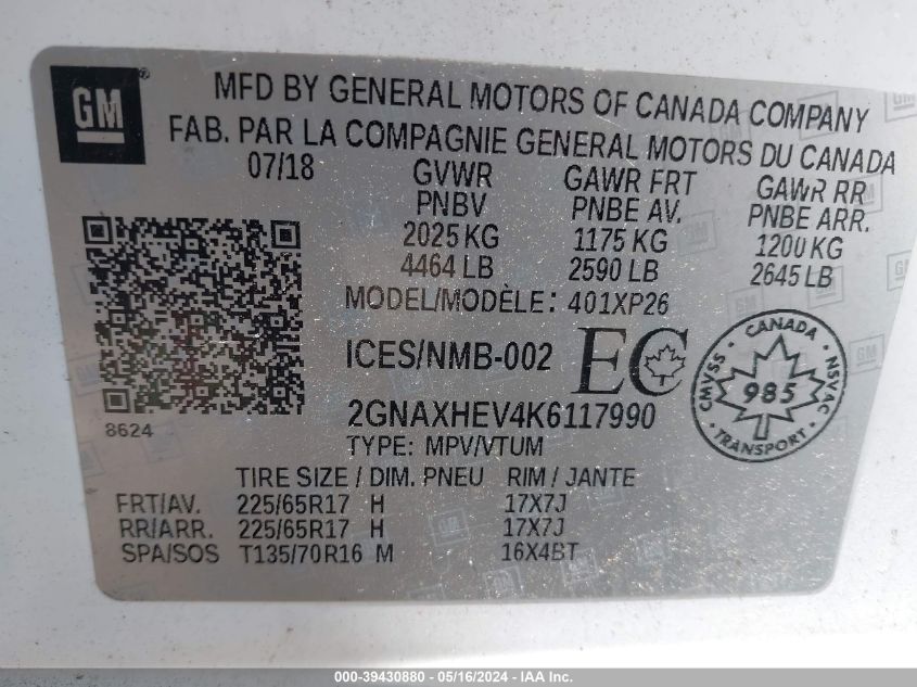 2019 Chevrolet Equinox Ls VIN: 2GNAXHEV4K6117990 Lot: 39430880