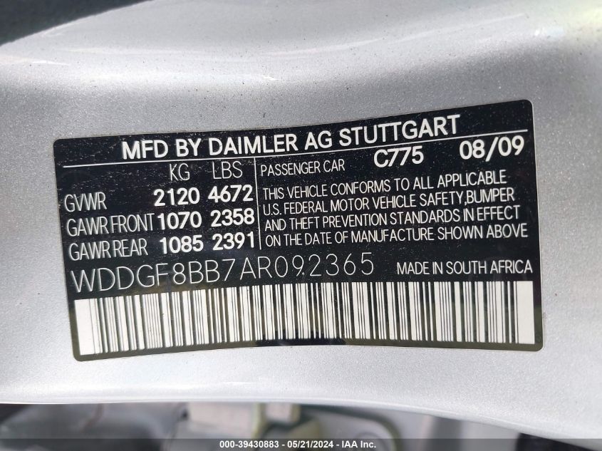 2010 Mercedes-Benz C 300 Luxury 4Matic/Sport 4Matic VIN: WDDGF8BB7AR092365 Lot: 39430883