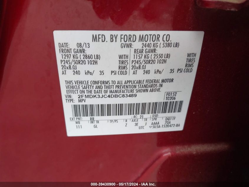 2013 Ford Edge Sel VIN: 2FMDK3JC4DBC83489 Lot: 39430900