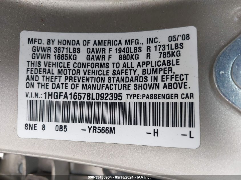 2008 Honda Civic Lx VIN: 1HGFA16578L092395 Lot: 39430904