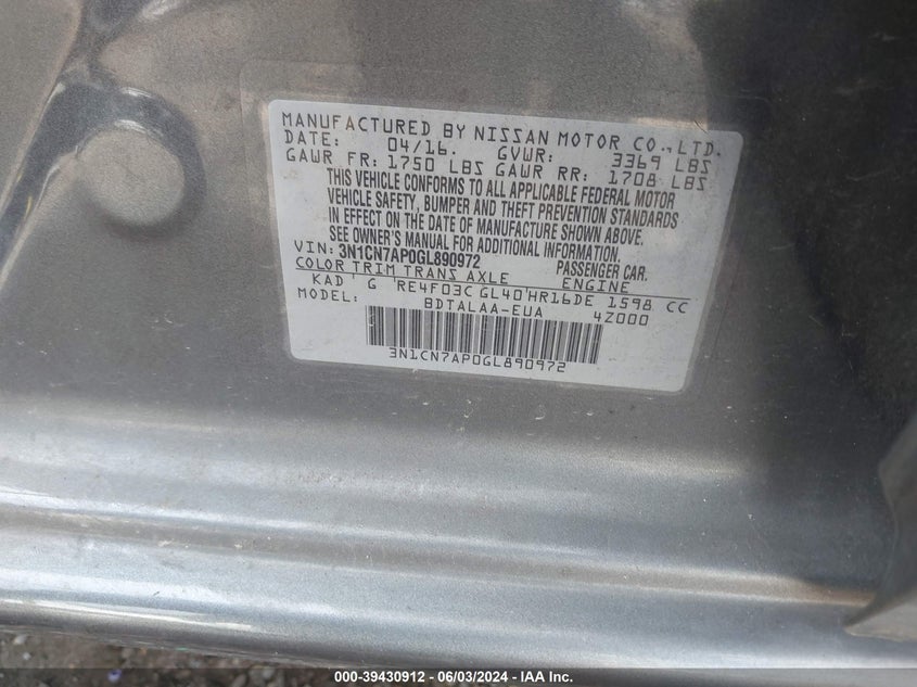 2016 NISSAN VERSA S/S PLUS/SV/SL - 3N1CN7AP0GL890972