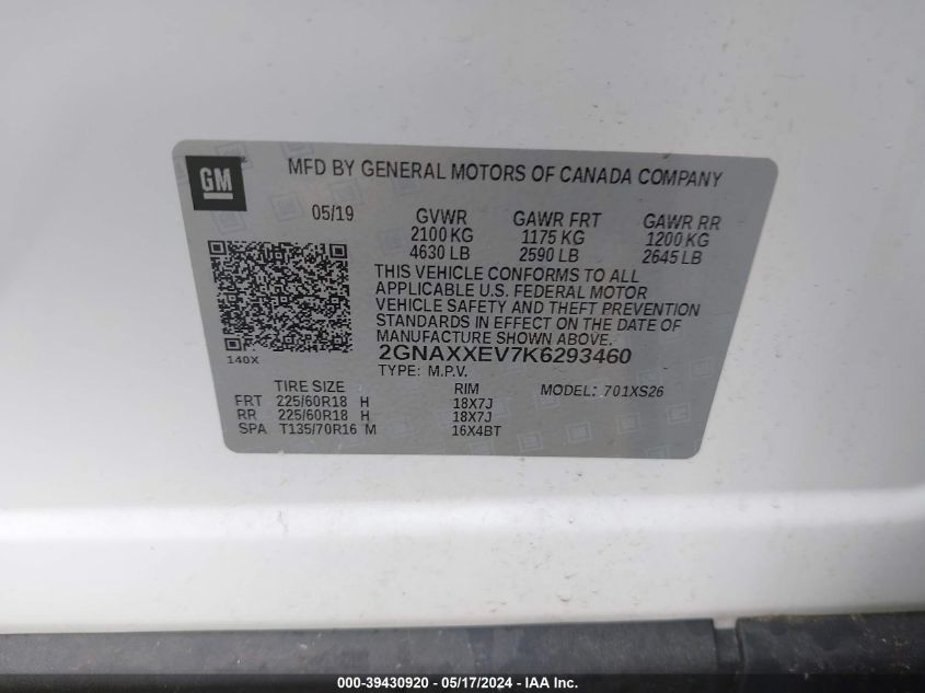 2019 Chevrolet Equinox Premier VIN: 2GNAXXEV7K6293460 Lot: 39430920