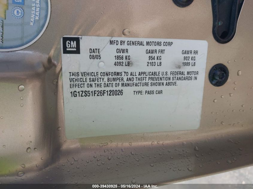 2006 Chevrolet Malibu Ls VIN: 1G1ZS51F26F120026 Lot: 39430925