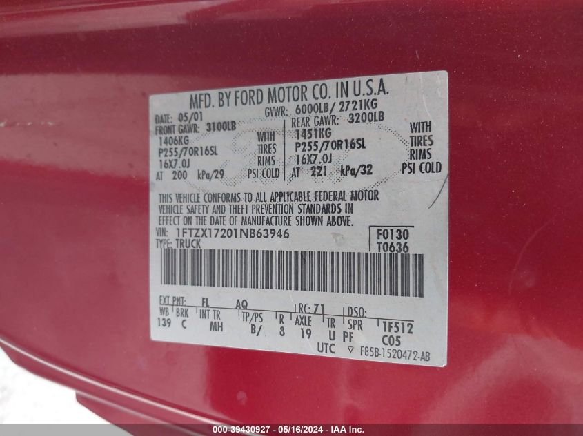 2001 Ford F-150 Xl/Xlt VIN: 1FTZX17201NB63946 Lot: 39430927