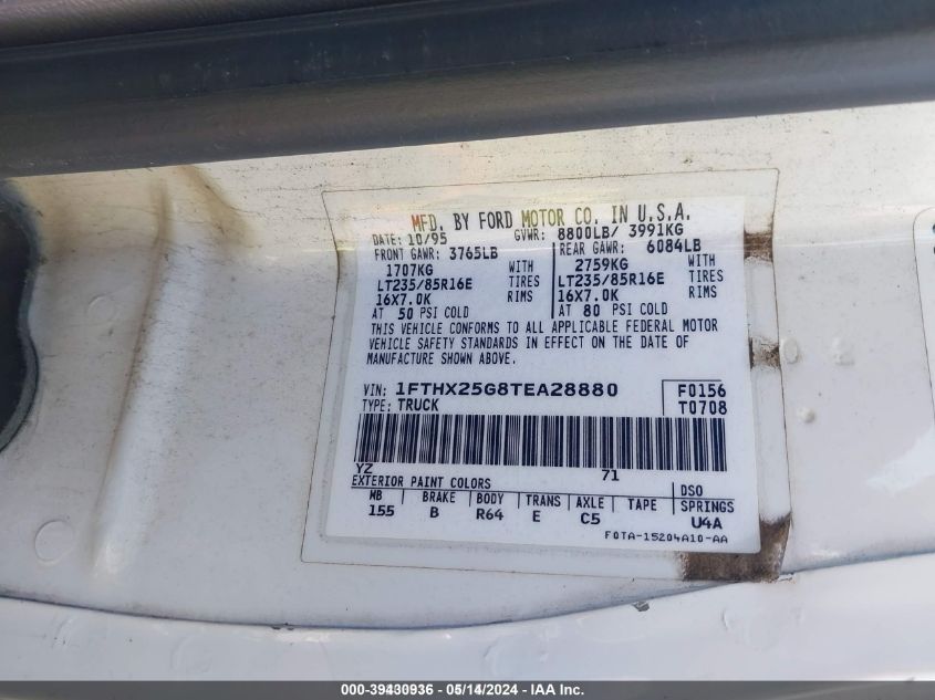1996 Ford F250 VIN: 1FTHX25G8TEA28880 Lot: 39430936