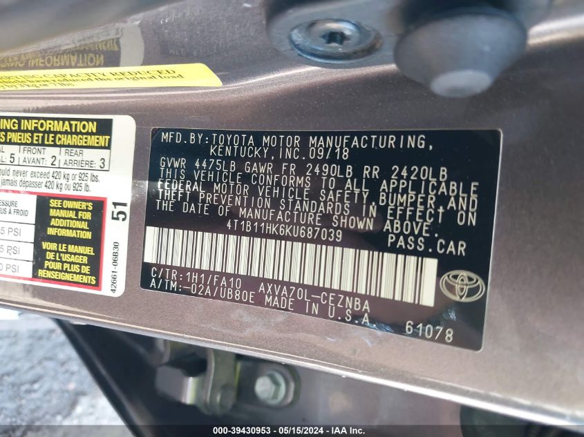 2019 Toyota Camry Le VIN: 4T1B11HK6KU687039 Lot: 39430953