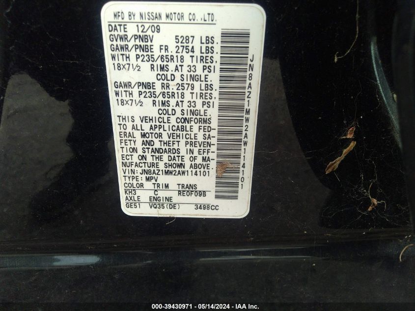 2010 Nissan Murano Sl VIN: JN8AZ1MW2AW114101 Lot: 39430971